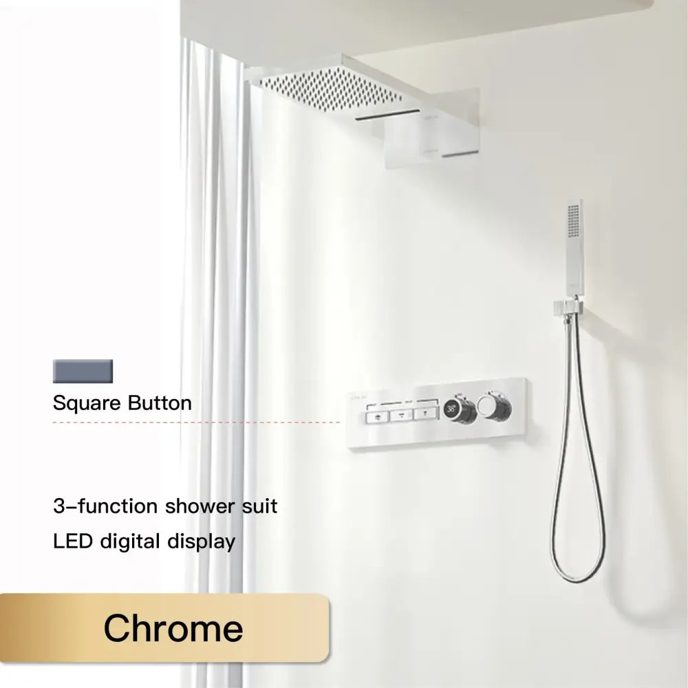 Modern chrome digital rainfall shower system with 3-function chrome finish, led digital display, and square button controls