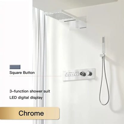 Modern chrome digital rainfall shower system with 3-function chrome finish, led digital display, and square button controls