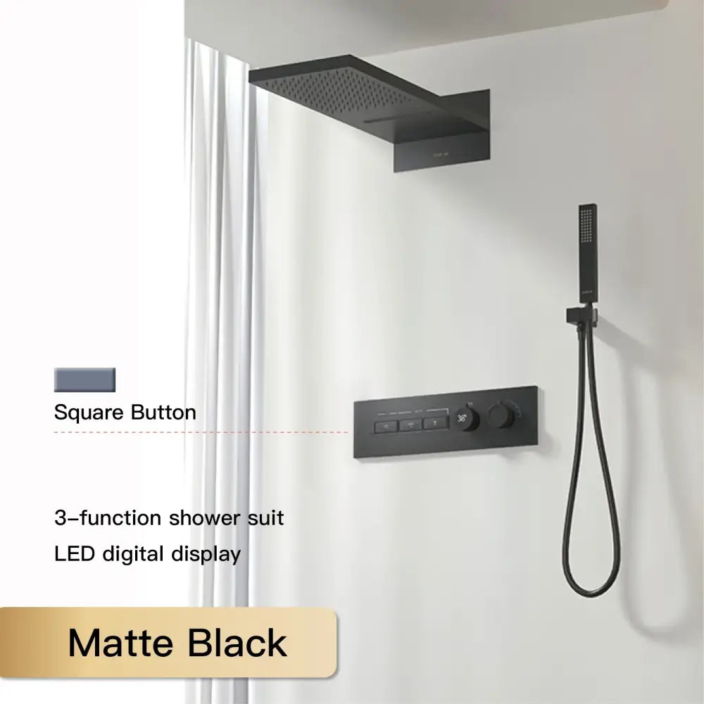 Matte black 3-function shower suit with led digital display and square button controls for modern rainfall system