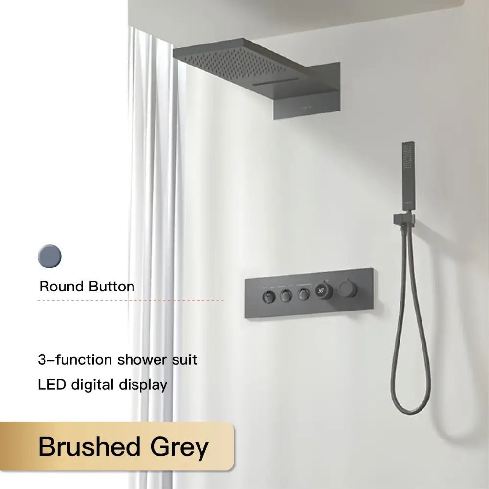 Brushed grey 3-function shower suit with led digital display and round buttons for modern chrome digital rainfall shower system