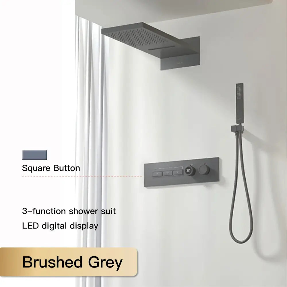Brushed grey 3-function shower suit with led digital display and square button controls for modern chrome rainfall system