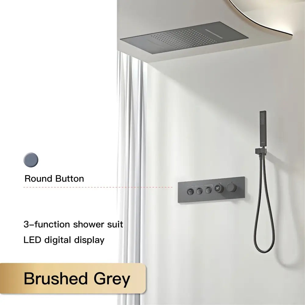 Brushed grey 3-function shower suit with led digital display and round button controls for modern chrome rainfall shower system