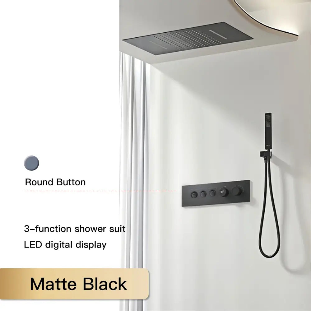 Matte black three-function shower suit with led digital display and round button controls for modern bathroom use