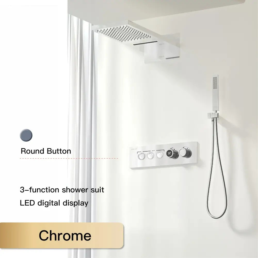 Modern chrome digital rainfall shower system with three functions led display and round button controls in chrome finish