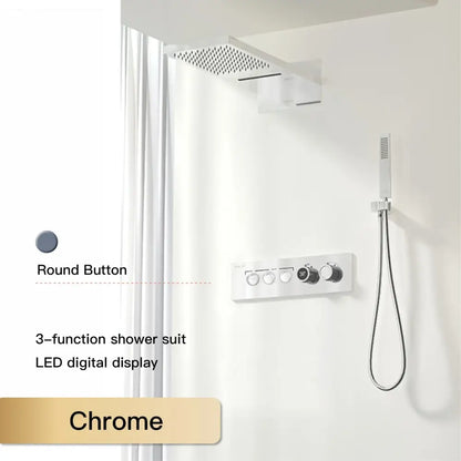 Modern chrome digital rainfall shower system with three functions led display and round button controls in chrome finish
