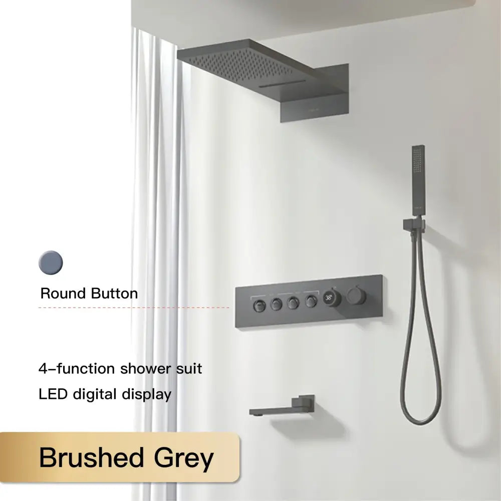Brushed grey modern chrome digital rainfall shower system with rectangular rainhead handheld spray and led control panel