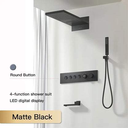 Matte black 4-function digital rainfall shower system with led display and round button controls for modern bathrooms