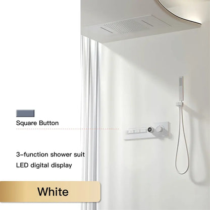 White square button with led digital display for modern chrome digital rainfall shower system 3-function control panel