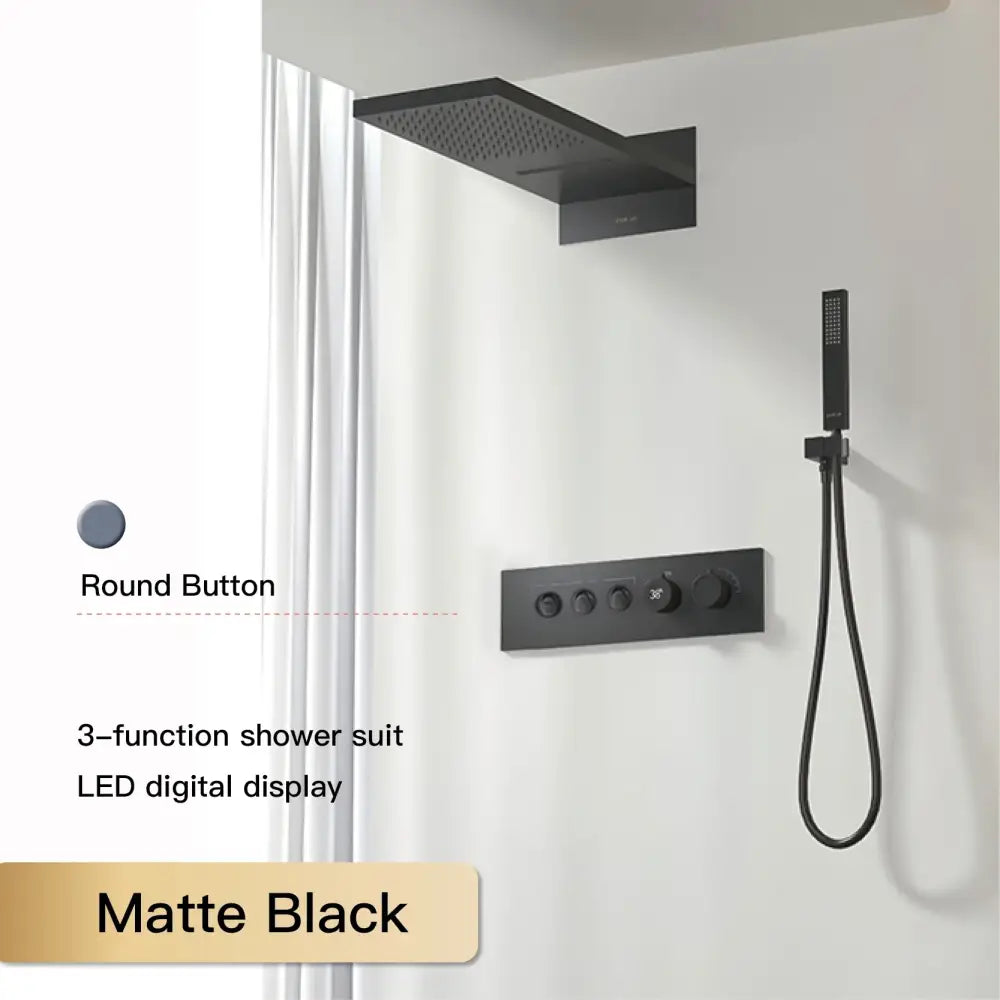 Modern chrome digital rainfall shower system with matte black 3-function suit LED display and round button controls