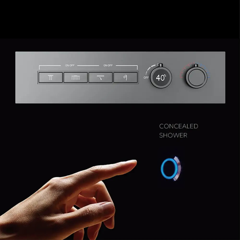 Silver metallic control panel with temperature and function buttons for modern chrome digital rainfall shower system bathroom led display