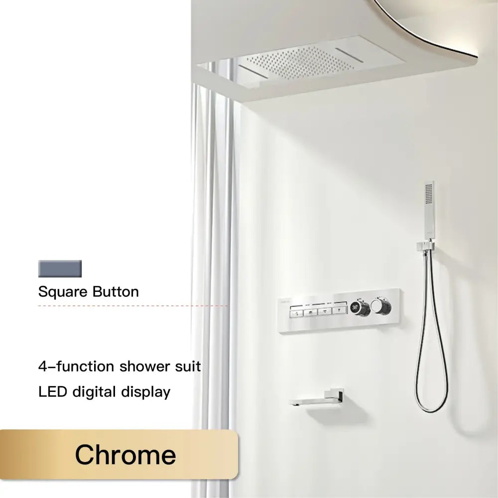 Modern chrome digital rainfall shower system with 4-function chrome finish led display and square button controls