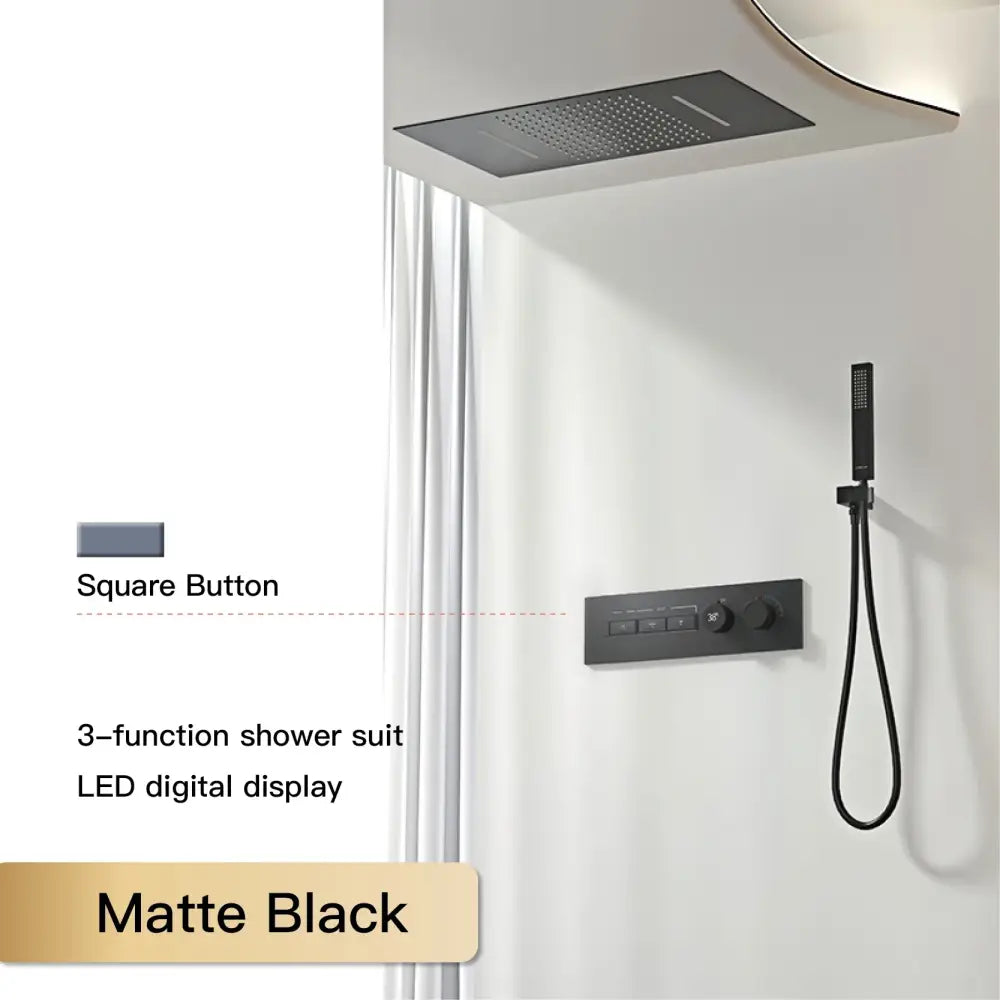 Matte black 3-function shower suit with led digital display and square button controls for a modern chrome digital rainfall shower system