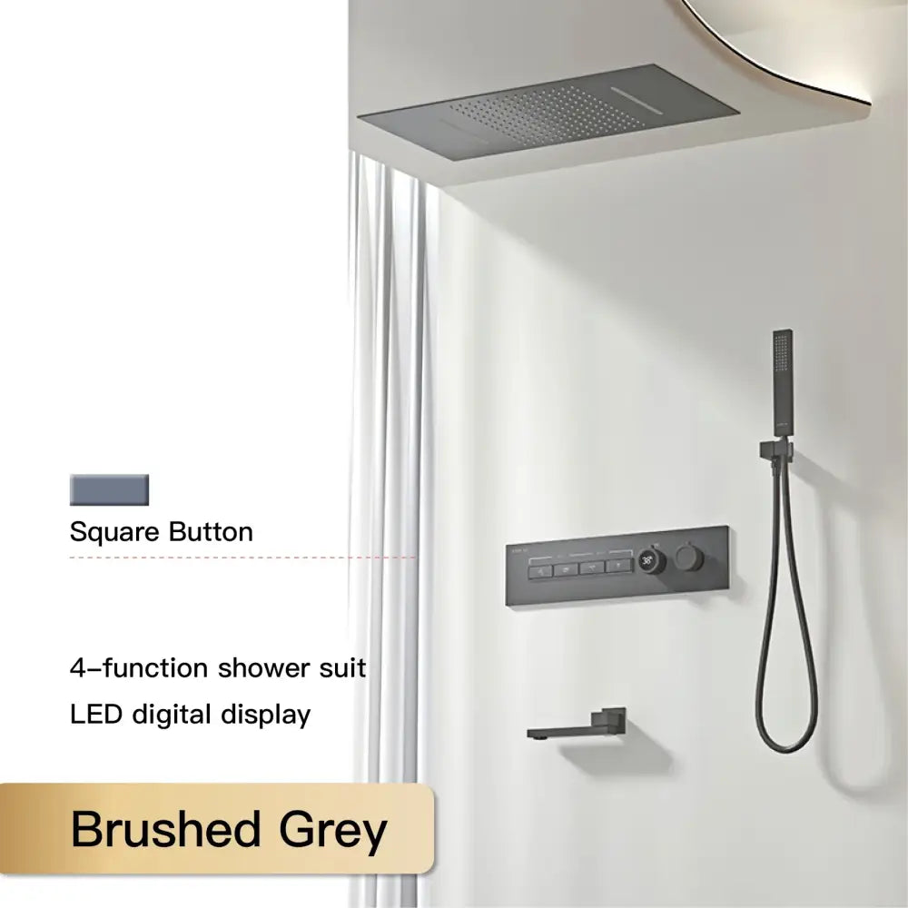 Brushed grey 4-function modern chrome rainfall shower system with led digital display and square button controls