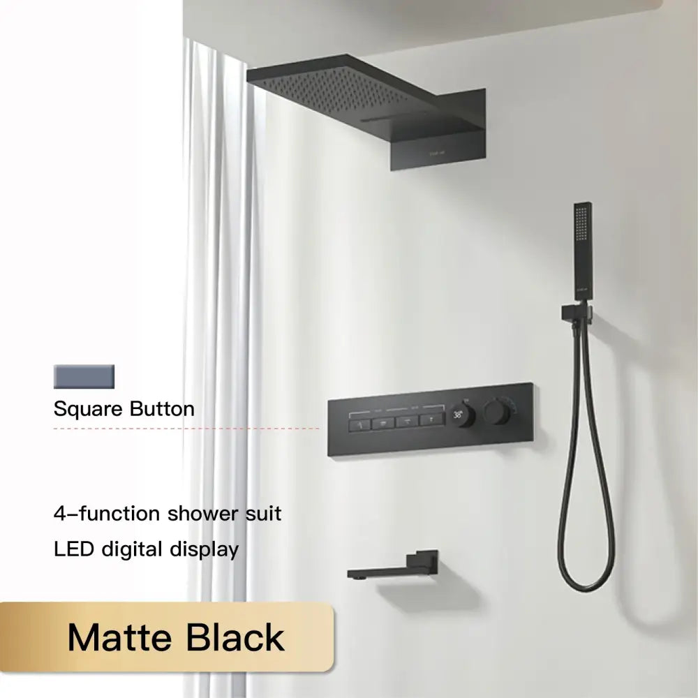 Matte black 4-function digital rainfall shower system with led display and square button controls in modern chrome design