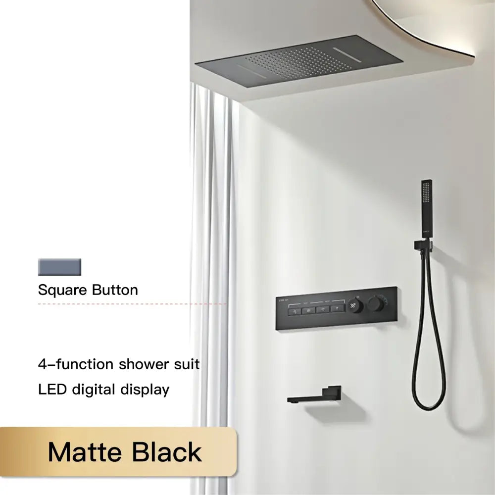 Matte black 4-function shower suit with led digital display and square button controls in modern chrome rainfall system