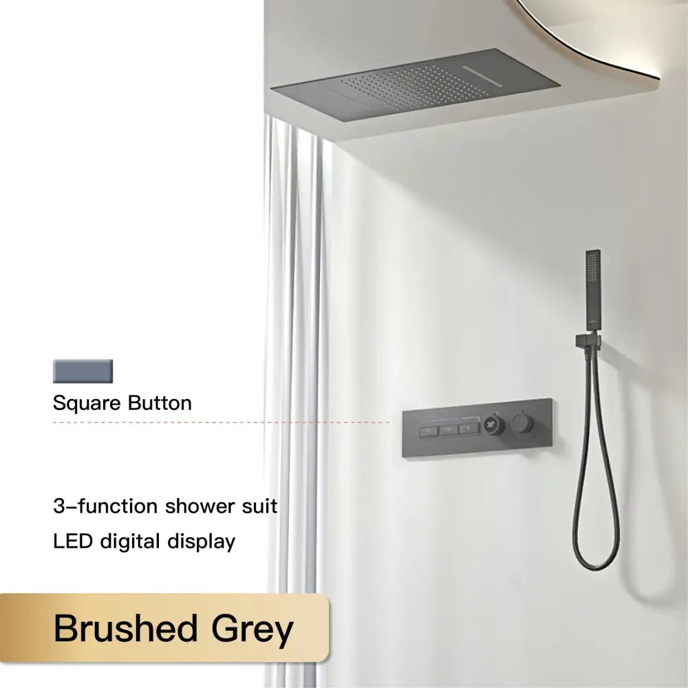 Modern chrome digital rainfall shower system with brushed grey 3-function suit featuring led display and square button controls