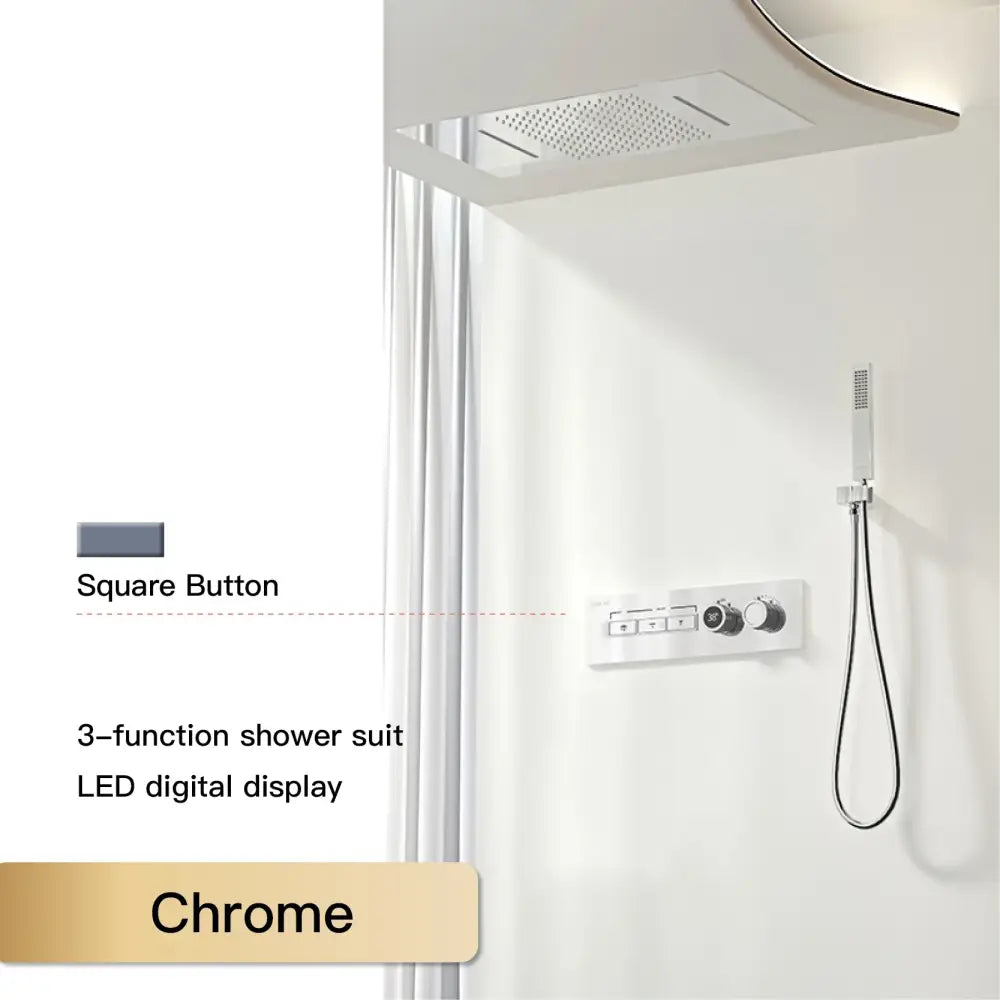 Modern chrome digital rainfall shower system with led display chrome finish 3-function square button controls
