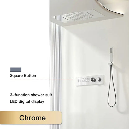 Modern chrome digital rainfall shower system with led display chrome finish 3-function square button controls