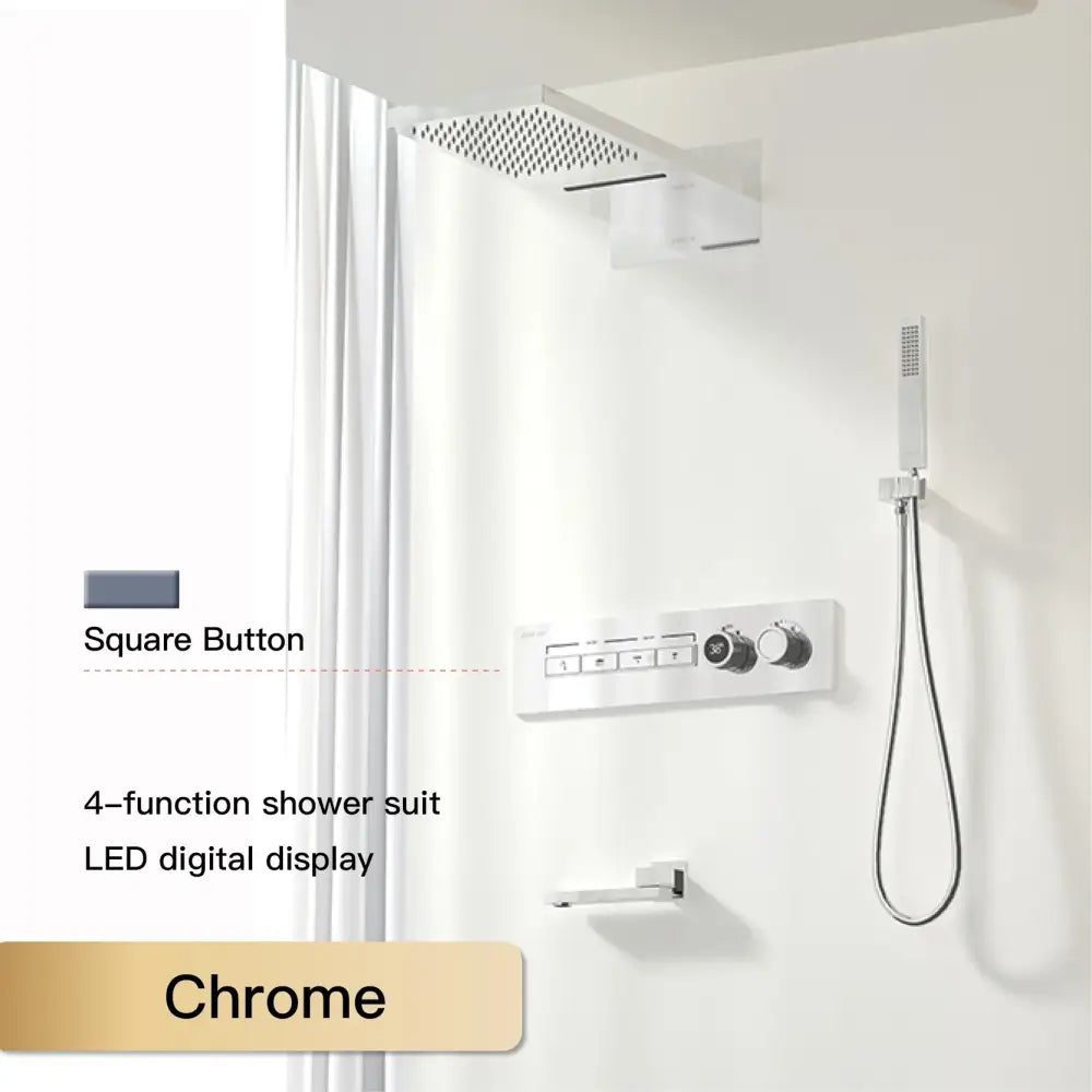 Modern chrome digital rainfall shower system with 4-function suit led digital display and square button controls