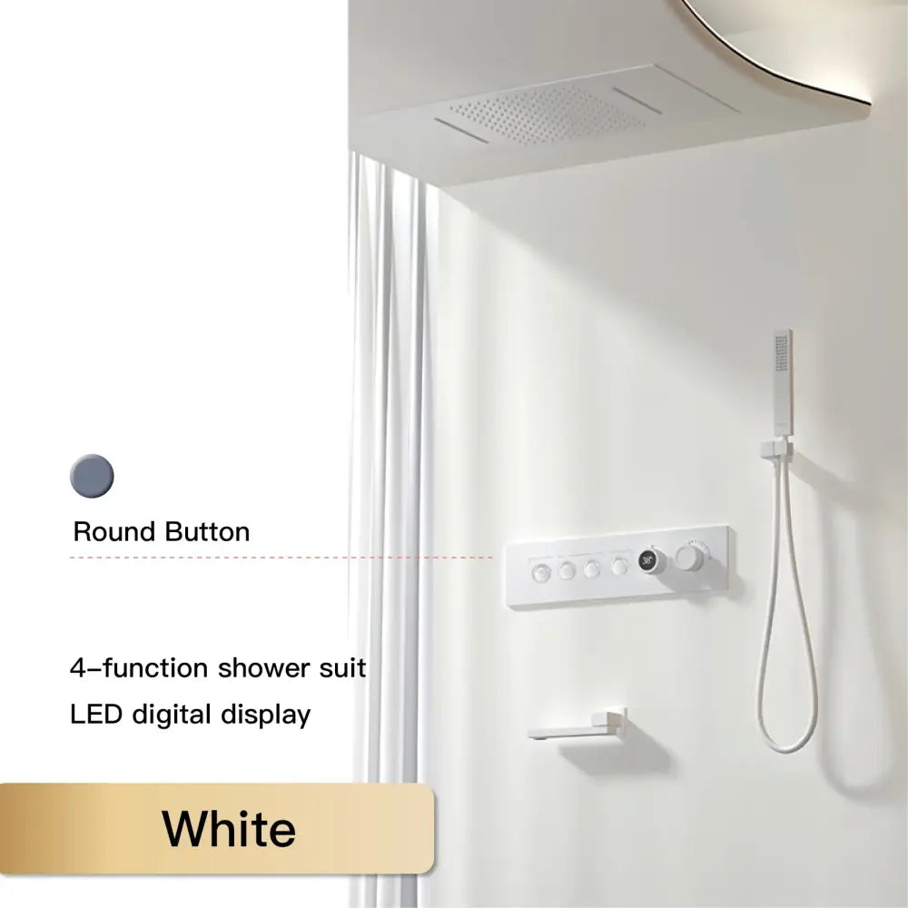 White 4-function shower suit with led digital display and round button controls in modern chrome digital rainfall system