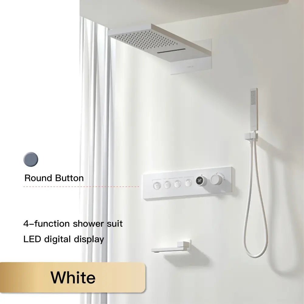 Modern chrome digital rainfall shower system with white square rainhead and led display with round control buttons