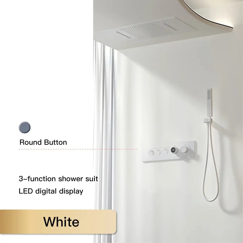 White 3-function shower suit with led digital display and round button controls in modern chrome rainfall shower system