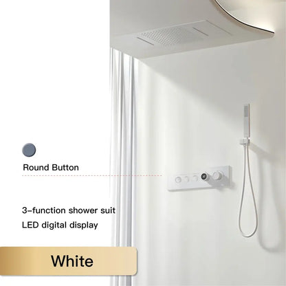 White 3-function shower suit with led digital display and round button controls in modern chrome rainfall shower system