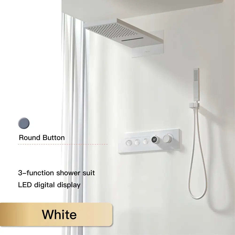 Modern chrome digital rainfall shower system in white with square rainhead handheld shower and led display control panel