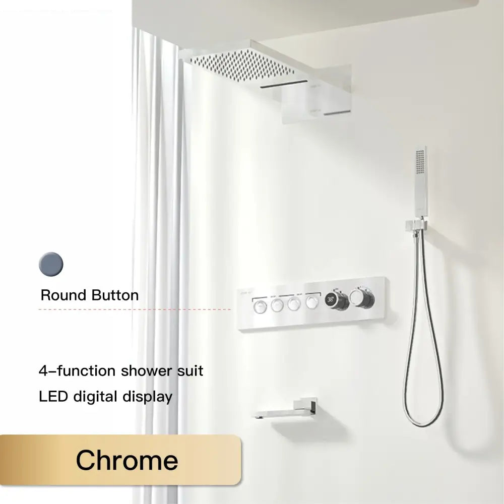 Modern chrome digital rainfall shower system with 4-function controls led display and round button interface