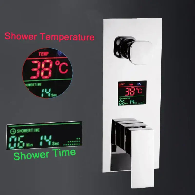 Modern chrome digital shower mixer with temperature and time display panel featuring sleek digital readouts