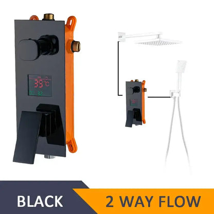 Modern chrome digital shower mixer with black and orange valve and temperature control panel for bathroom use