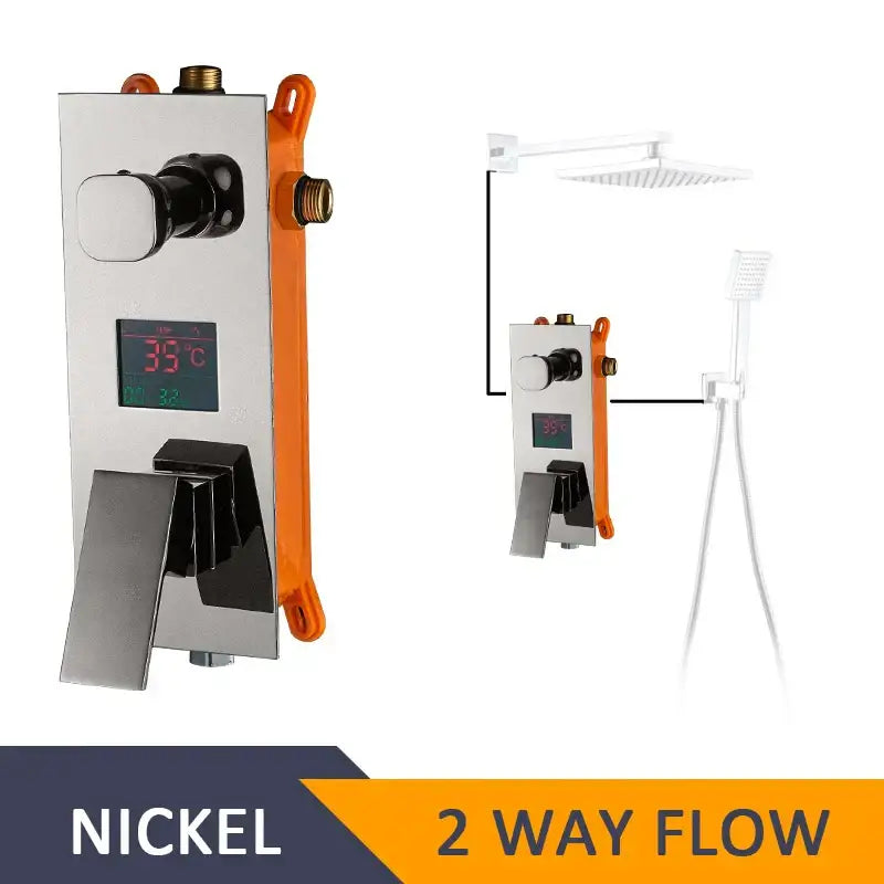 Modern chrome digital shower mixer with nickel finish, orange accent trim, and digital temperature display panel