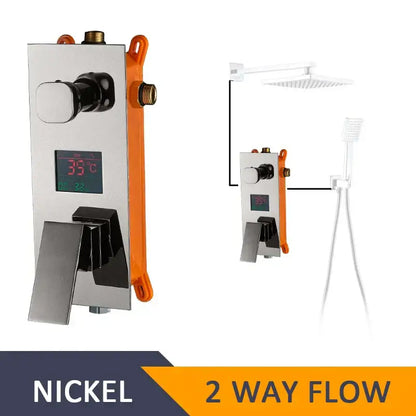 Modern chrome digital shower mixer with nickel finish, orange accent trim, and digital temperature display panel