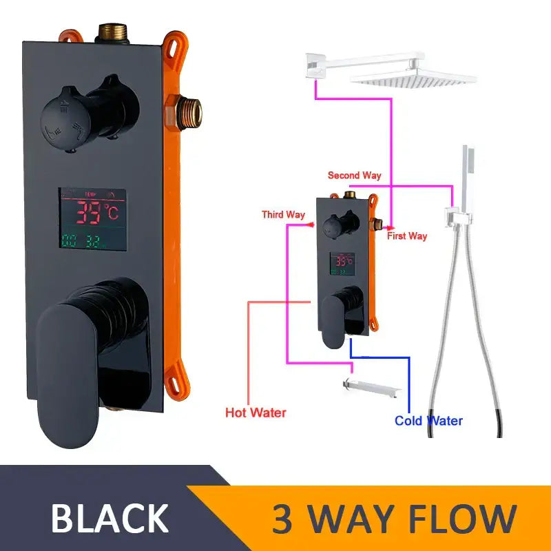 Modern chrome digital shower mixer bathroom temperature control panel with black and orange 3-way flow valve and digital display