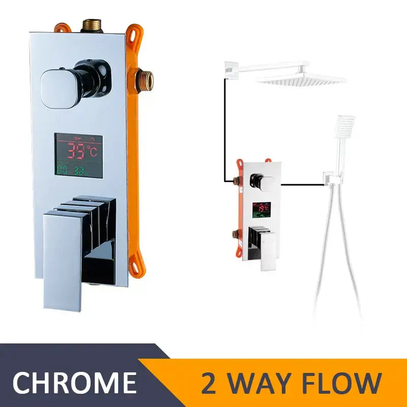 Modern chrome digital shower mixer with digital temperature display and orange accent trim for bathroom use