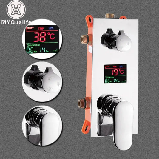Modern chrome digital shower mixer temperature control panel with precise digital displays and orange mounting brackets