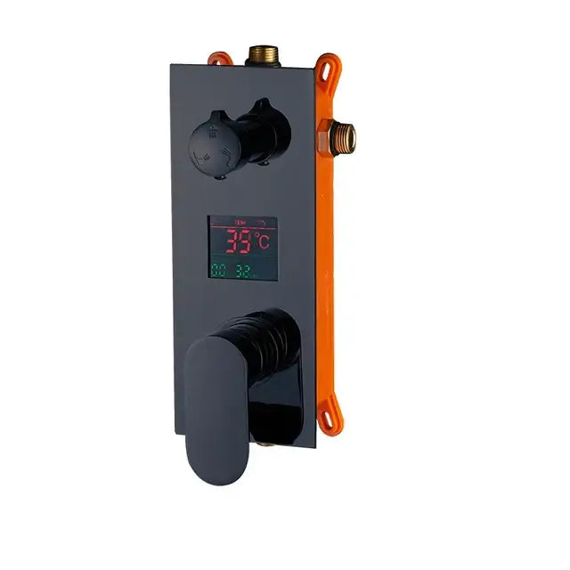 Black digital shower temperature control panel with orange brackets and brass fittings for modern chrome triple mixer valve