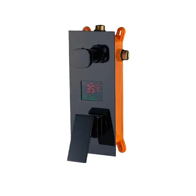 Modern chrome digital triple mixer valve shower set with black temperature control panel and red led display at 35°c