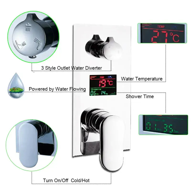 Modern chrome digital triple mixer valve bathroom shower set with digital display showing temperature and time