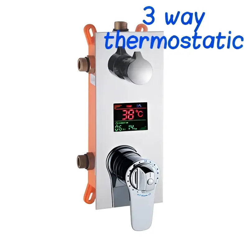 Modern chrome digital triple mixer valve with thermostatic control and display for bathroom shower temperature and flow