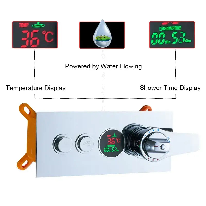 Modern chrome digital triple mixer valve shower control panel with sleek design and temperature and time displays