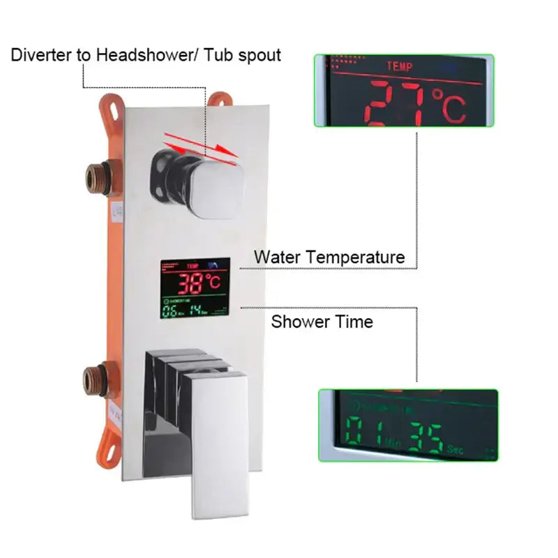 Modern chrome digital triple mixer valve shower system with temperature and time display for bathroom use