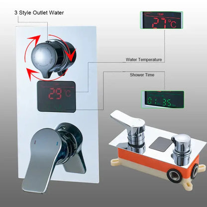 Modern chrome digital triple mixer valve bathroom shower set with mixer valve featuring temperature and time display