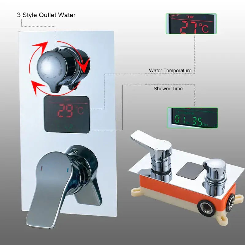 Modern chrome digital triple mixer valve bathroom shower set with mixer valve featuring temperature and time display