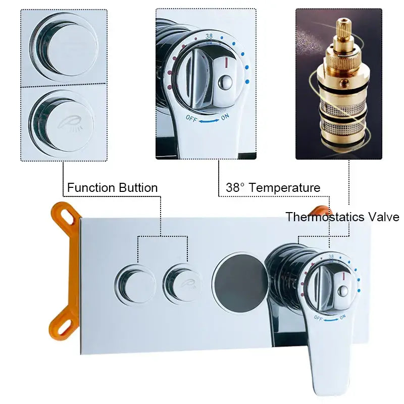 Modern chrome digital triple mixer valve bathroom shower set with dual-handle thermostatic control and 38°c setting