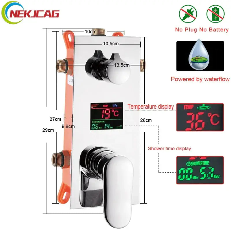 Nekjicag modern chrome digital triple mixer valve shower set with temperature display and shower time counter
