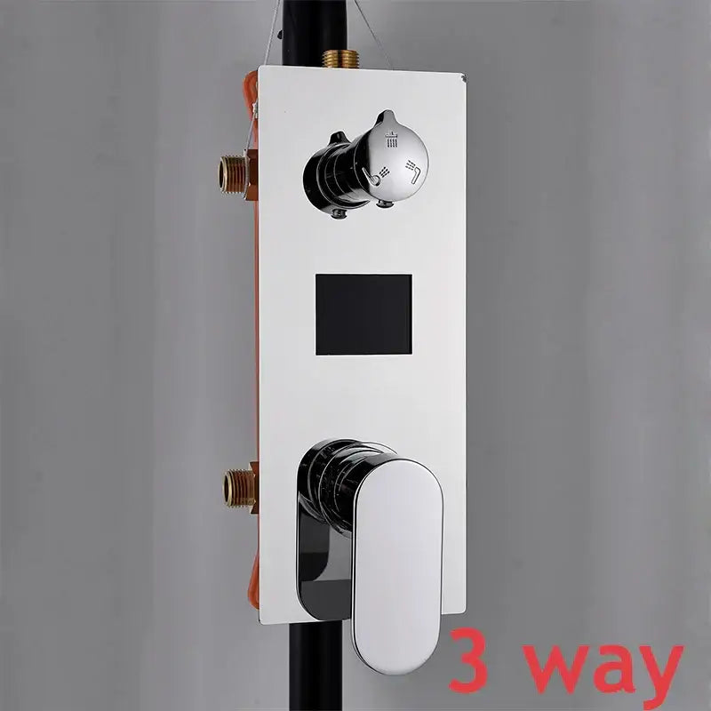 Modern chrome digital triple mixer valve with white rectangular panel, chrome knobs, and brass pipe connections for shower