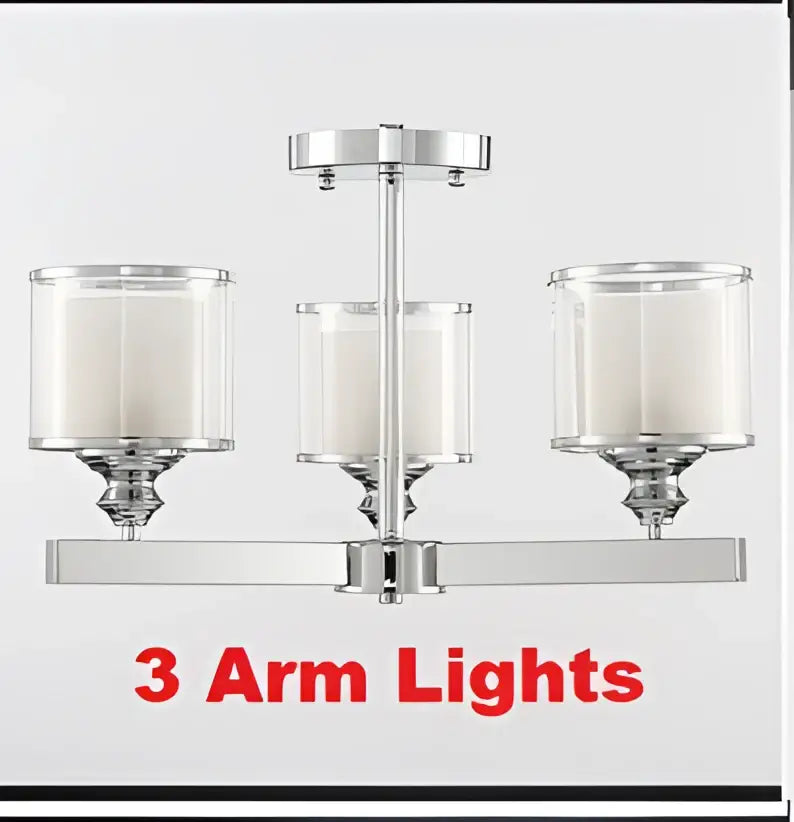 Modern chrome three-arm crystal chandelier with double glass led shades and white candle-style bulbs for living room light