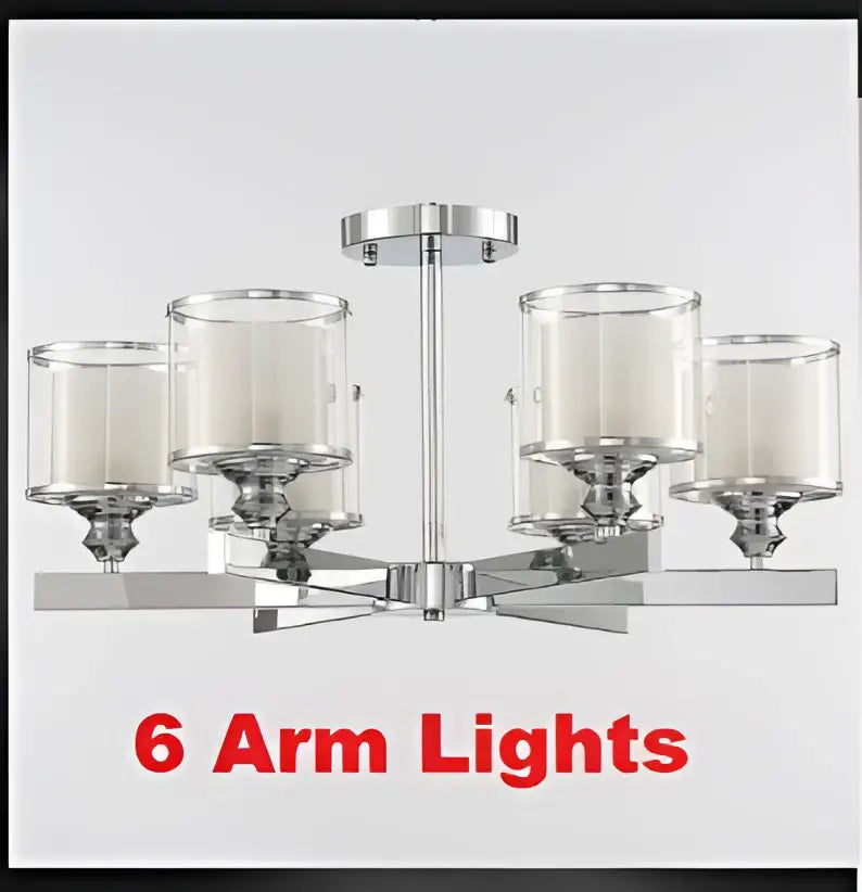 Modern chrome double glass led crystal chandelier with six clear glass shades and sleek geometric design for living room
