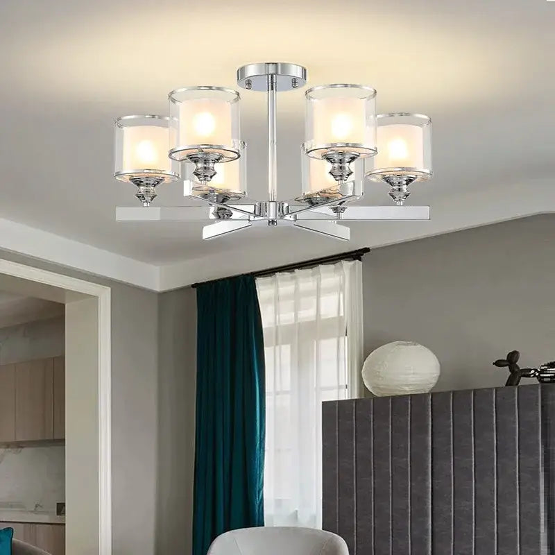 Modern chrome double glass led crystal chandelier with five clear glass shades for living room lighting